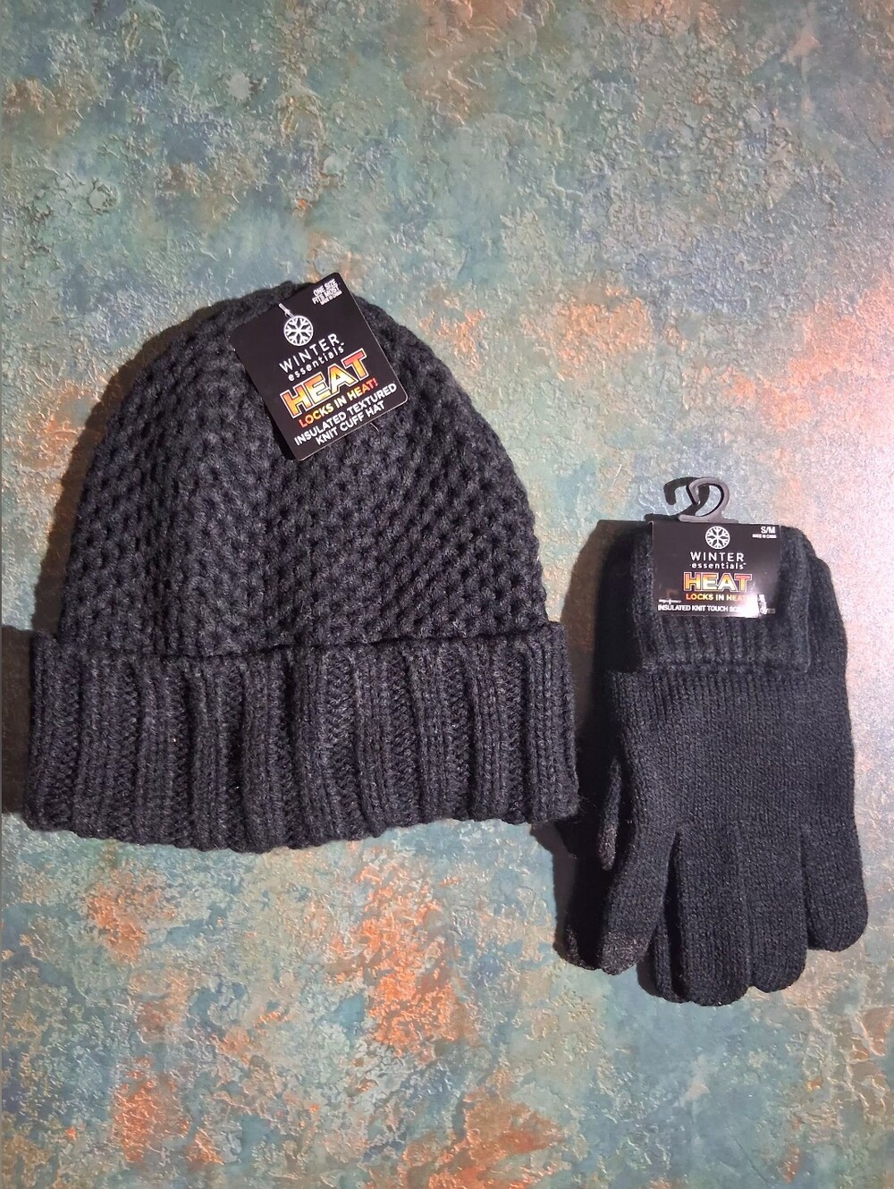 Essentials Black Knit Beanie and Glove Set
